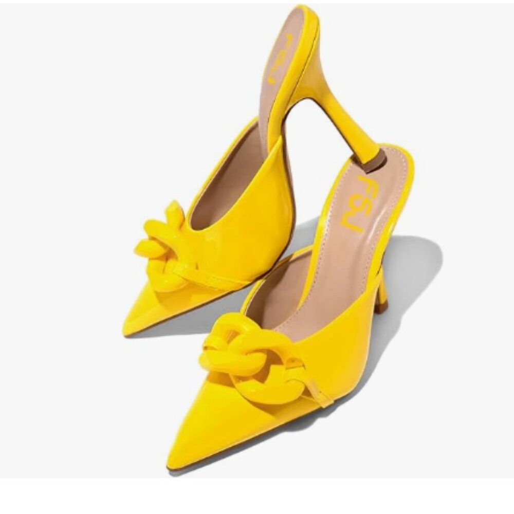 FSJ Yellow Pointed Toe Chain Stiletto Heels Slide Mules Dress Slip On Sandals